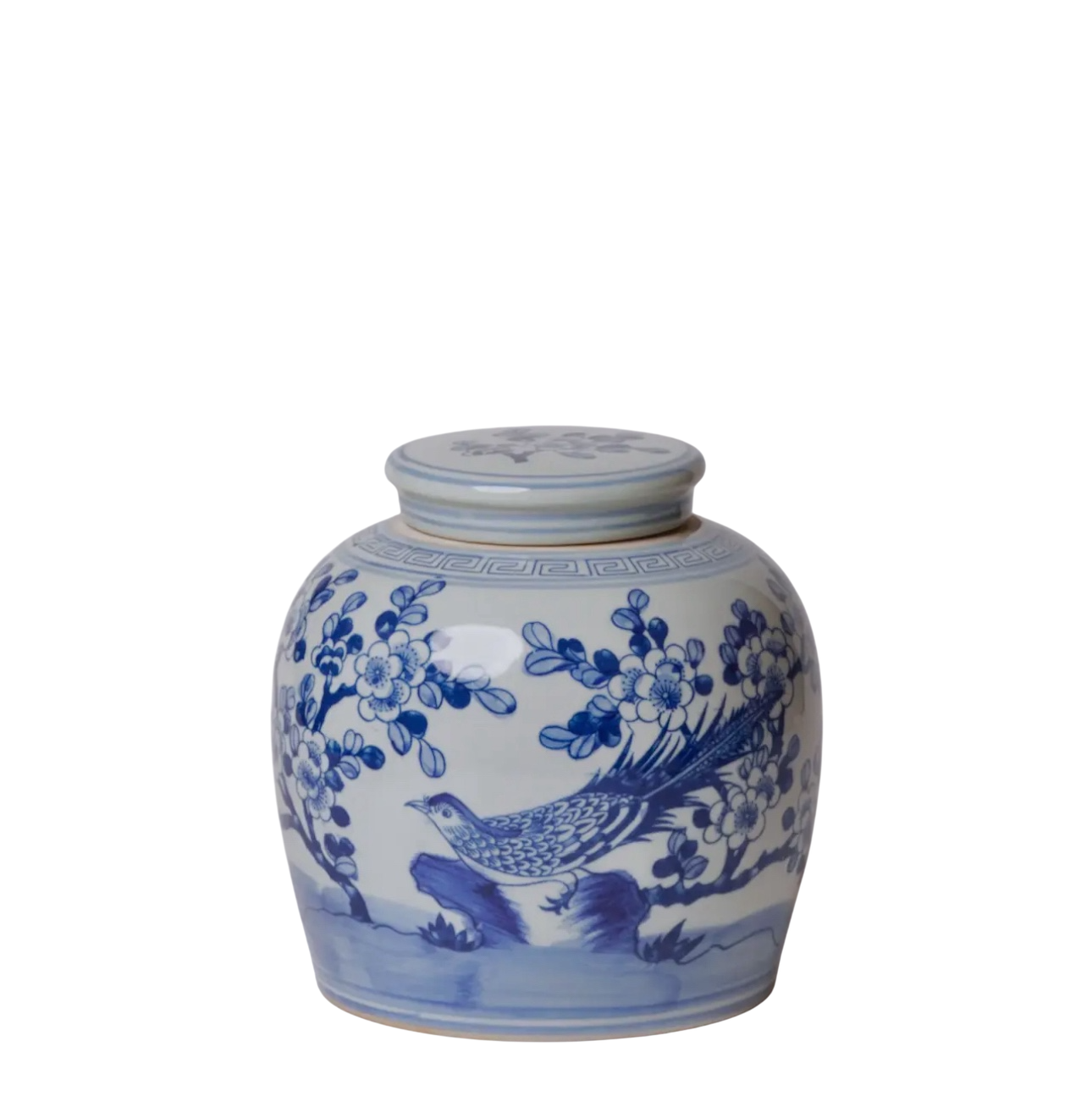Blue & White Pheasant and Flower Round Jar