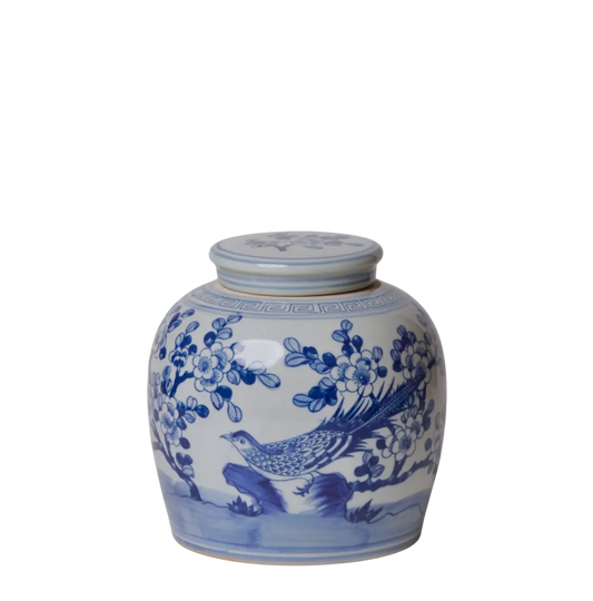 Blue & White Pheasant and Flower Round Jar