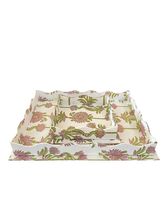 Floral Vines Scalloped Blockprint Tray Set