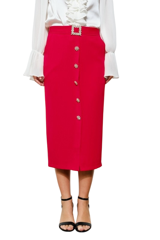 Belted Jeweled Button Midi Skirt