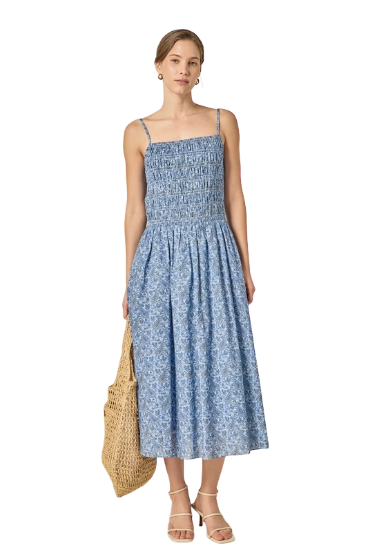 Paisley Print Smocked Midi Dress