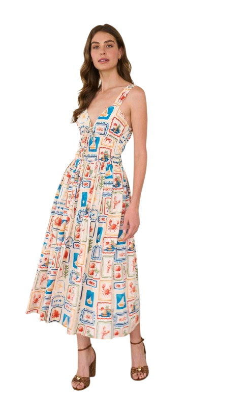Nautical Tiles Shirred Waist Midi