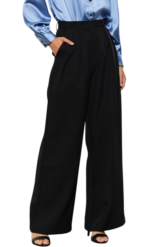 High Waist Pleated Wide Leg Pants - Black