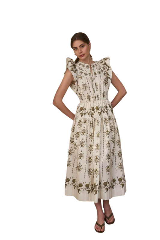Ruffle Shoulder Botanical Print Midi