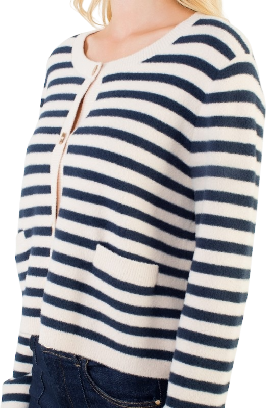 Striped Knit Cardigan - Navy/Cream