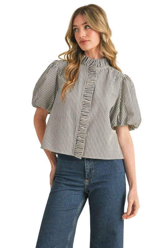 Striped Ruffle Button Down Top - Dark Denim