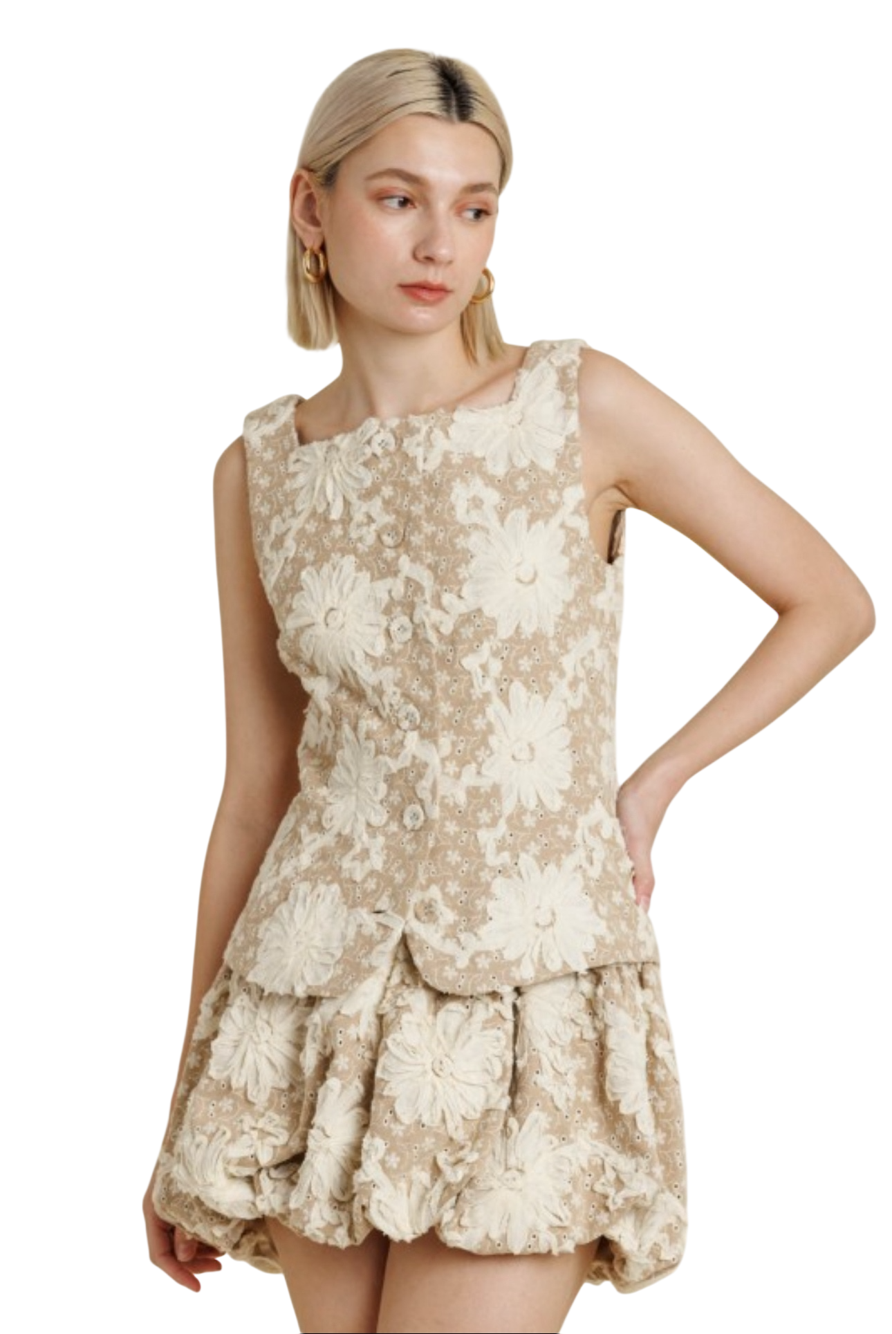 Embroidered Vest and Bubble Hem Skirt Set