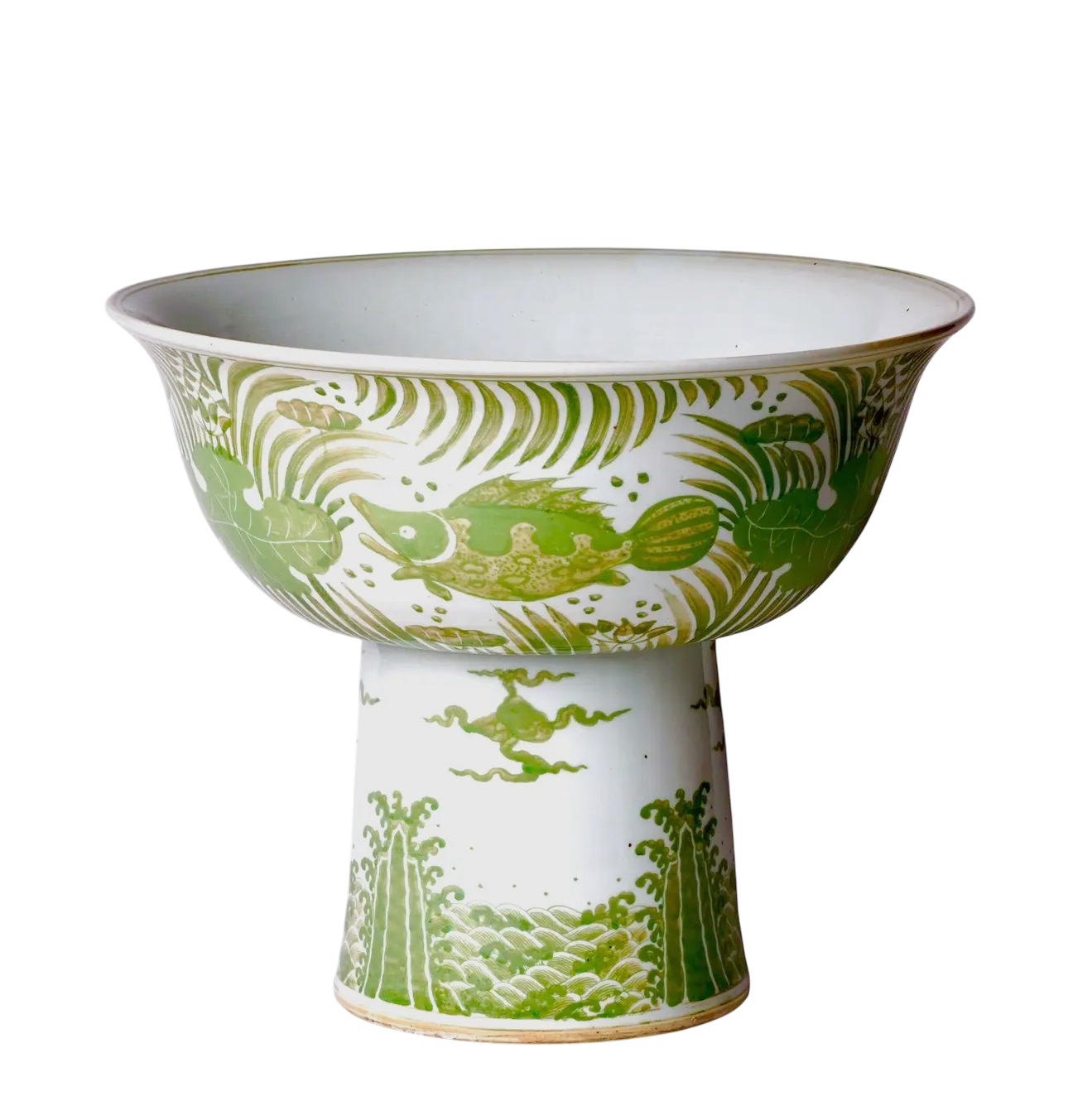 Green & White Fish and Lotus Large Footed Bowl
