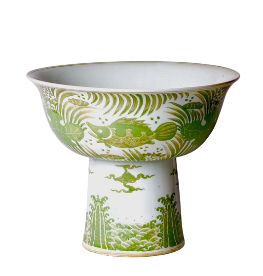 Green & White Fish and Lotus Large Footed Bowl