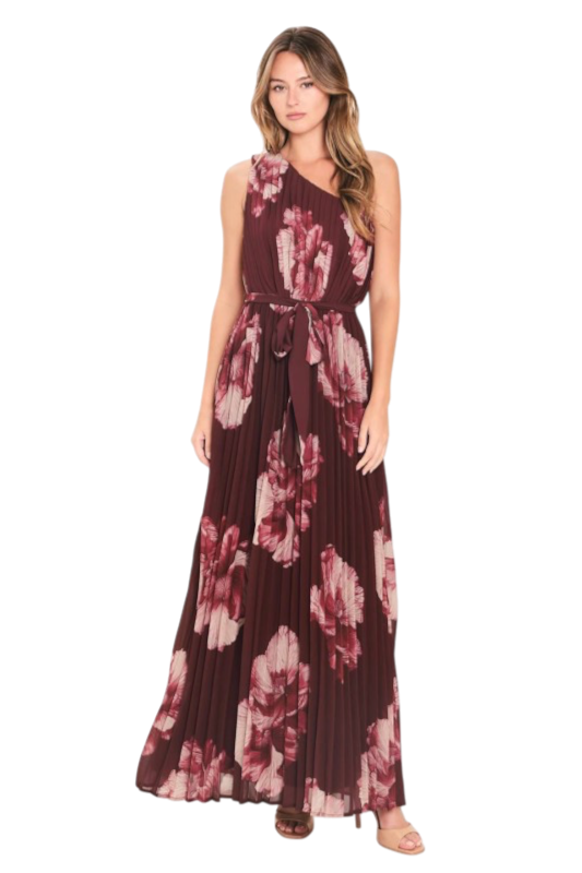 Burgundy Floral Pleated Maxi
