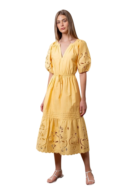 Yellow Embroidered Scallop Edge Midi
