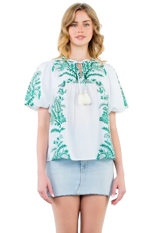 Tassel Tie Green Leaves Top