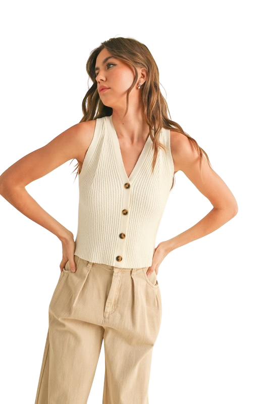 Button Down Ribbed V-Neck Top