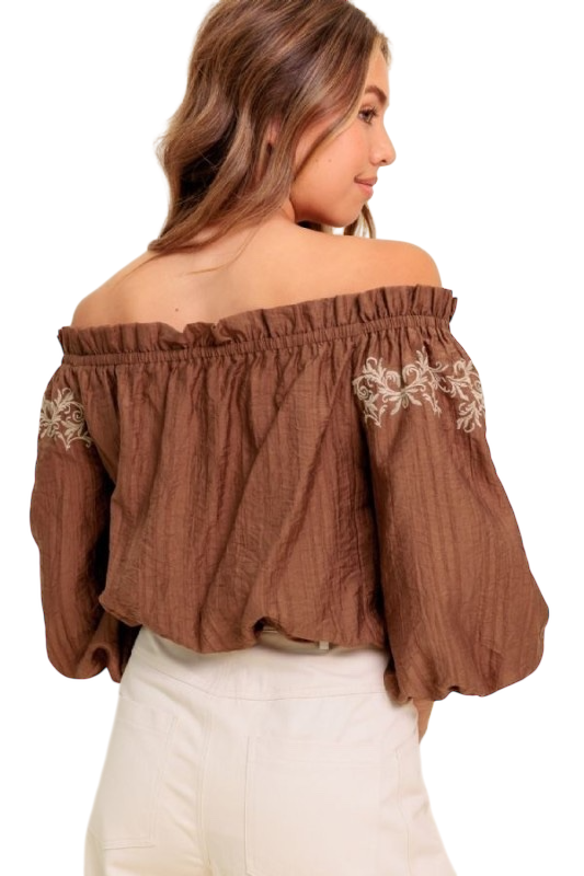 Embroidered Off Shoulder Top - Chocolate