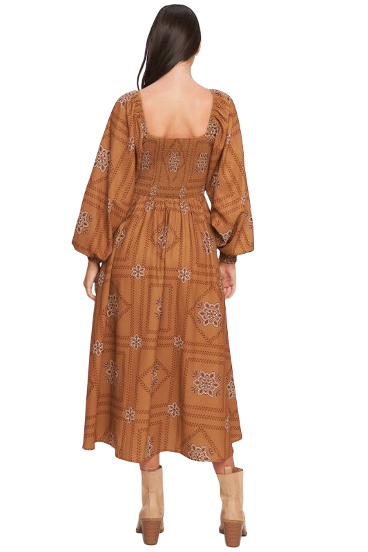 Geometric Puff Sleeve Midi in Camel