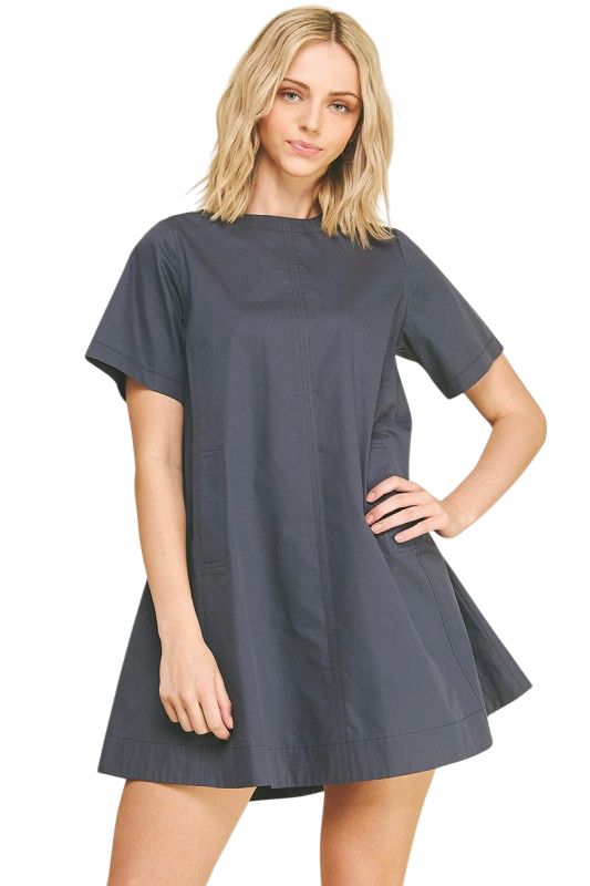 Poplin Tunic Mini Dress - Navy