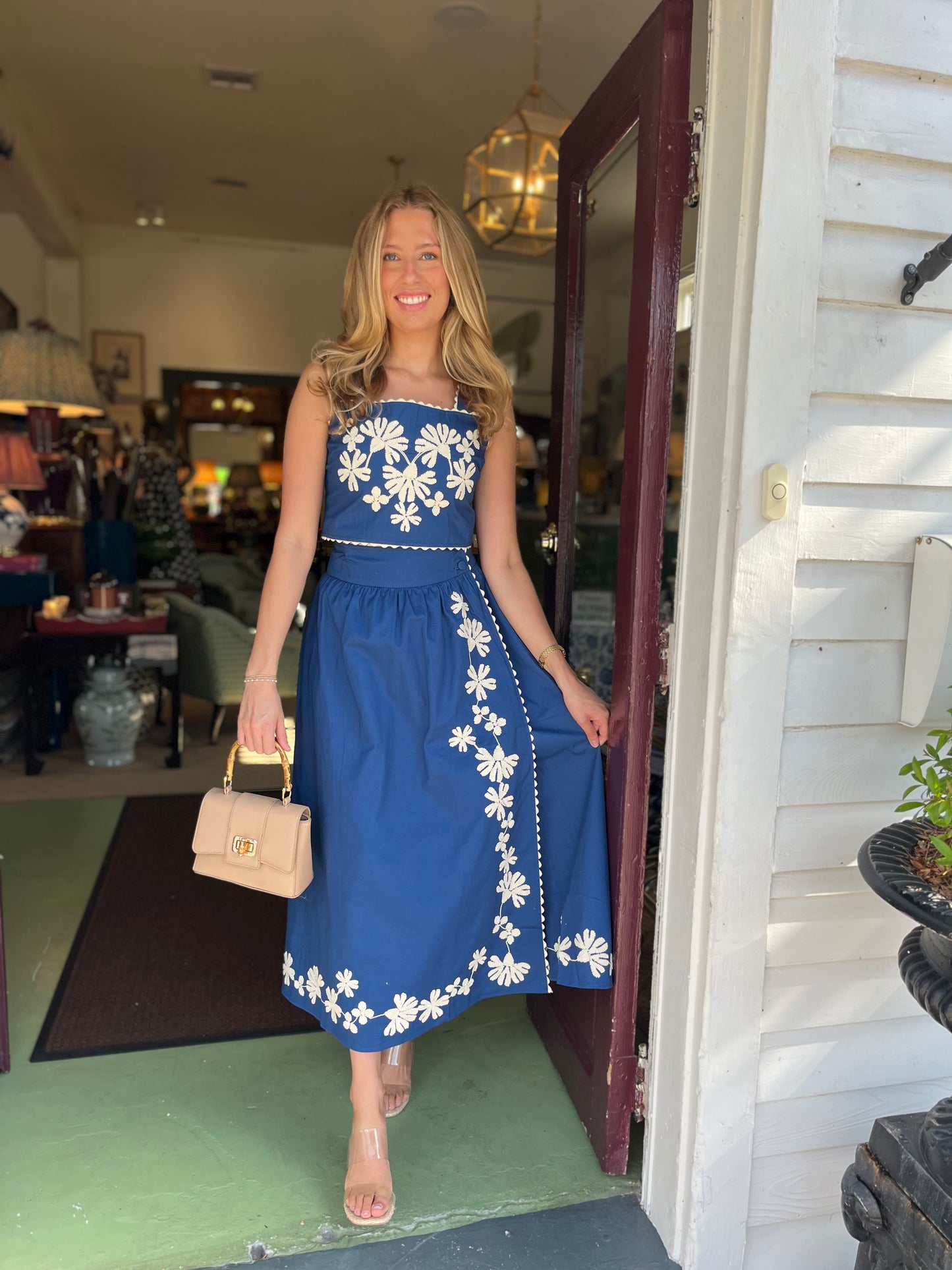 Embroidered Crop Top And Midi Skirt Set