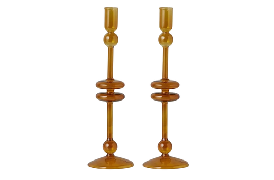 Amber Glass Candlestick Pair - Large