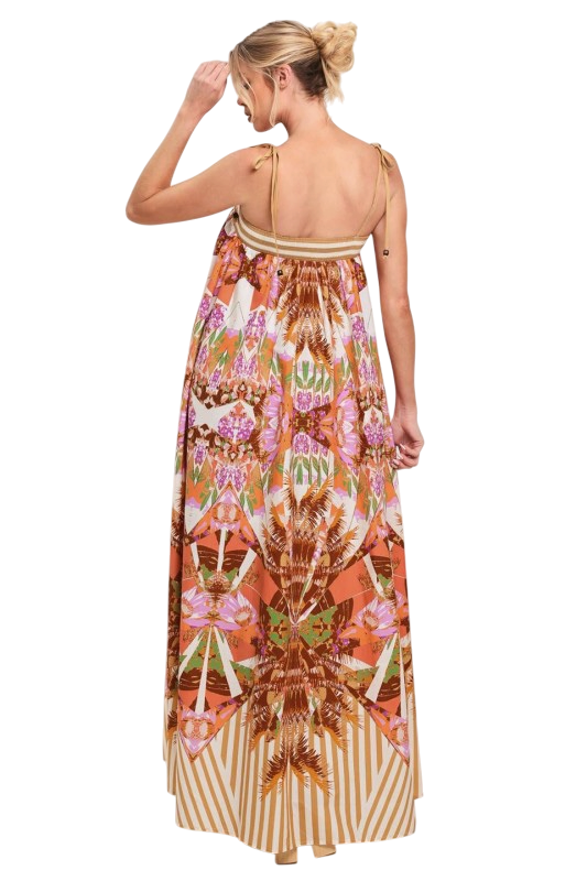 Abstract Stripes Tie Shoulder Maxi