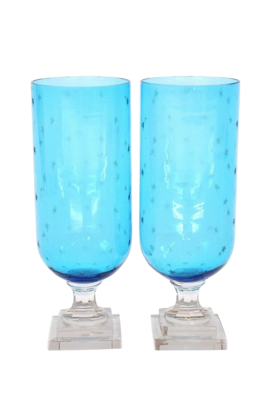 Pair of Star Etched Glass Hurricanes