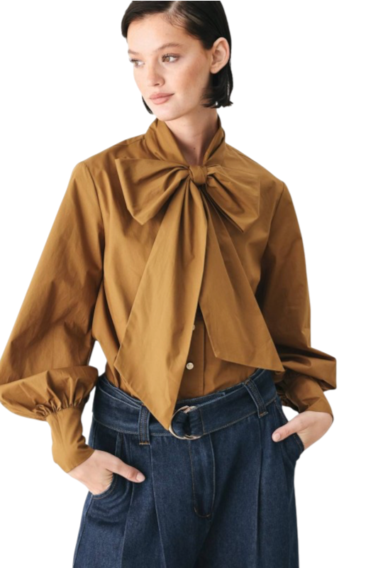 Poplin Tie Front Blouse - Cognac