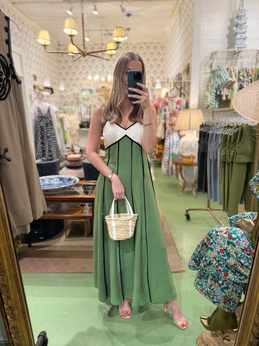 Contrast Piping Maxi Dress in Green/White