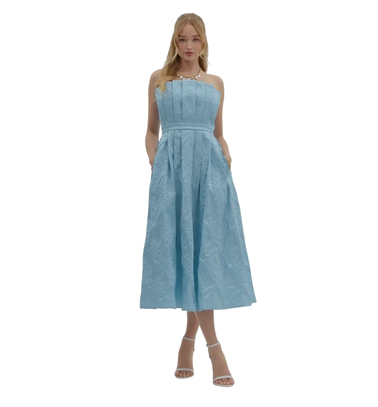 Pleated Strapless Midi in Cornflower