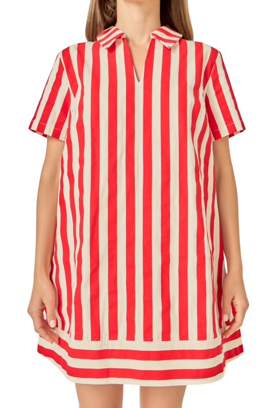 Striped Mini Shirt Dress - Red