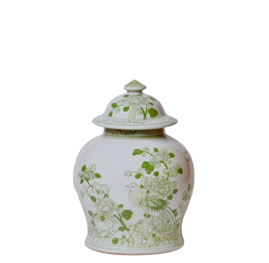 Green & White Porcelain Bird and Flower Jar