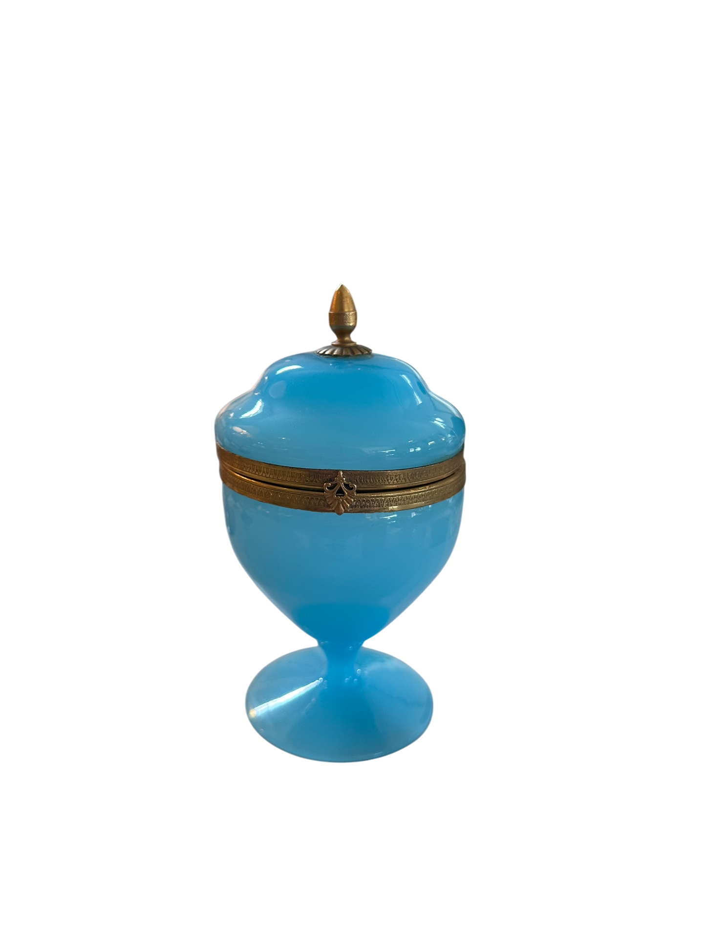 Antique Blue Opaline Lidded Box w/ Pedestal Base