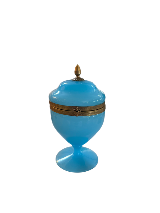 Antique Blue Opaline Lidded Box w/ Pedestal Base