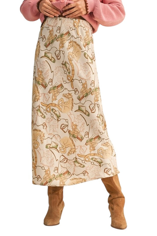 Western Print Satin Midi Skirt