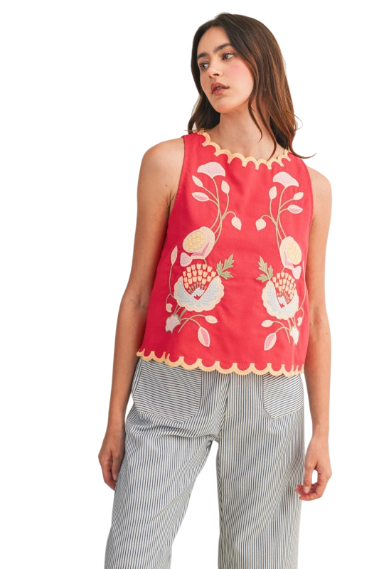 Floral Embroidery Scalloped Tank - Red