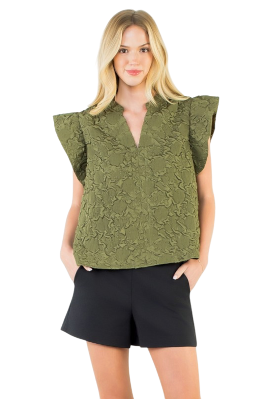 Olive Jacquard V-Neck Top