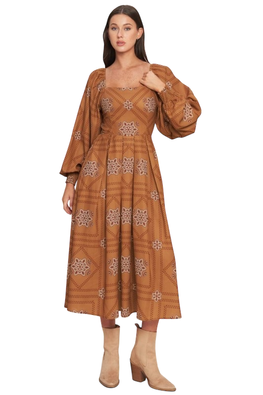 Geometric Puff Sleeve Midi in Camel