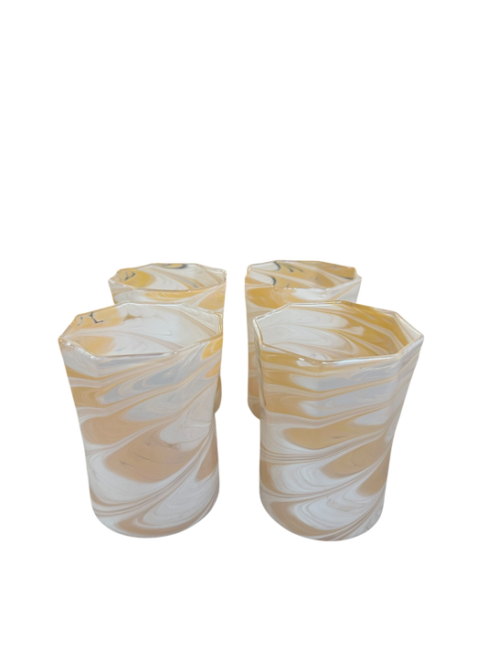Set of 4 Short Apricot/White Marbled Octagonal Twist Glasses