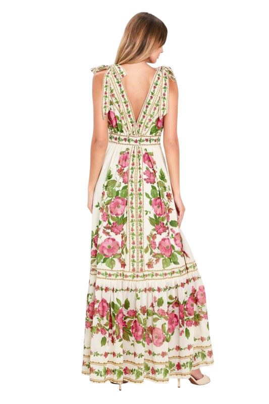 Pink & Green Floral Tie Shoulder Maxi