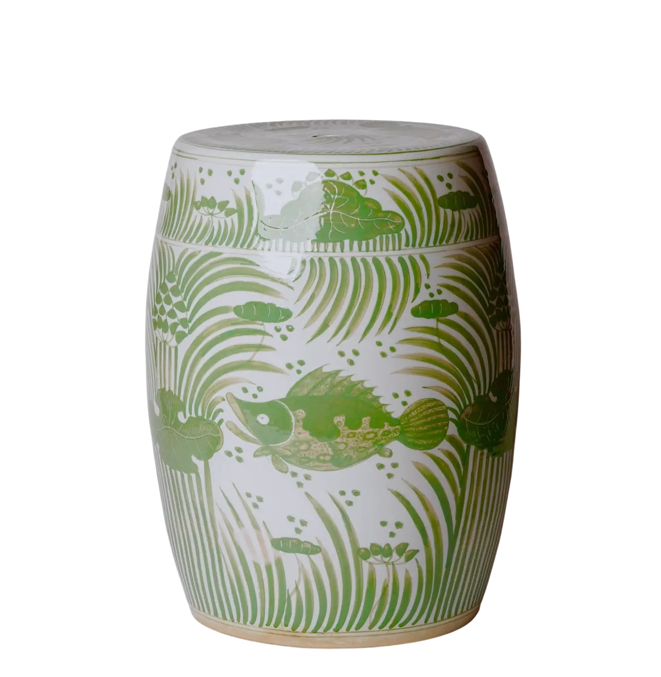Fish & Lotus Green & White Porcelain Garden Stool