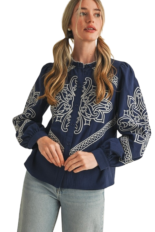 Callie Embroidered Mock Neck Top