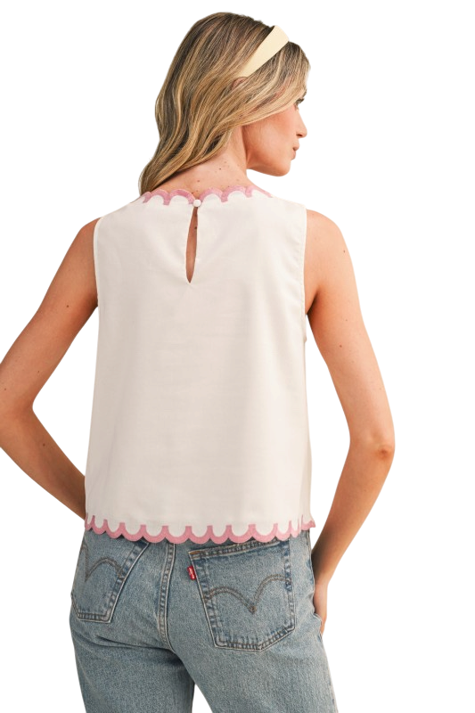 Floral Embroidery Scalloped Tank - Off White