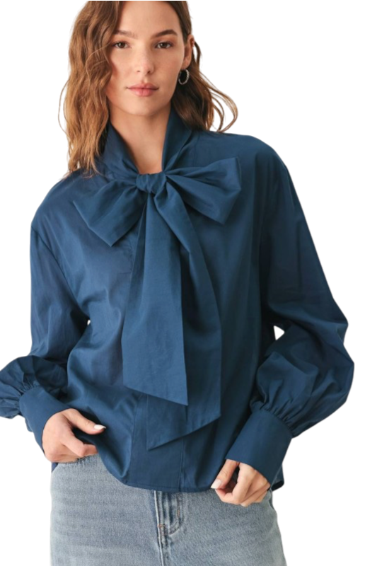 Navy Poplin Tie Front Blouse