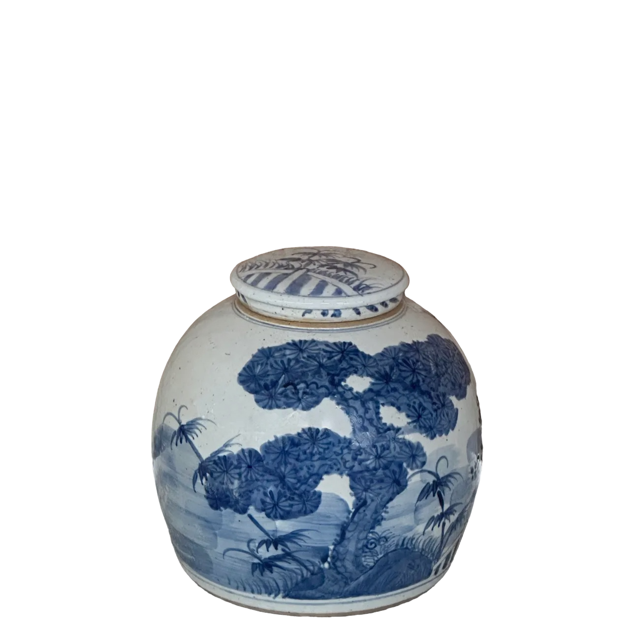 Blue & White Three Friends Med. Round Storage Jar