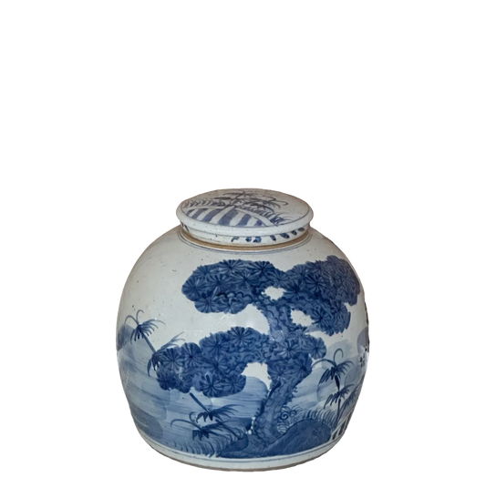 Blue & White Three Friends Med. Round Storage Jar