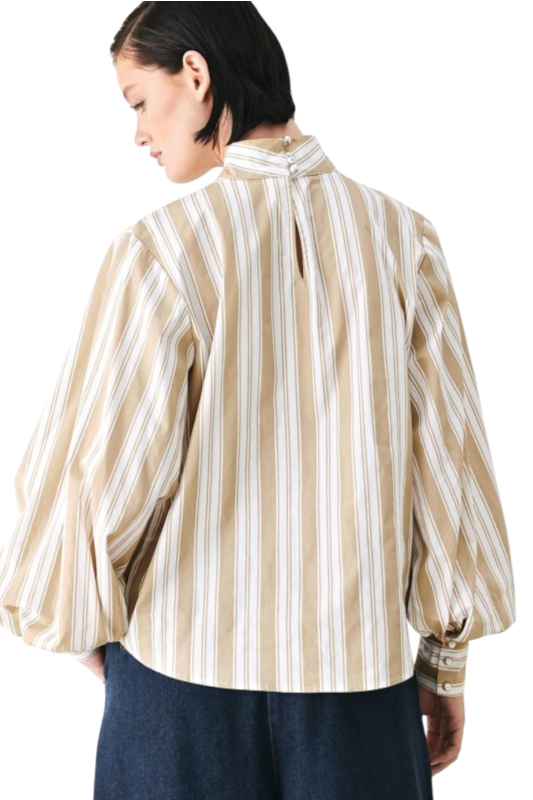 Khaki & White Striped Blouse w/ Tie Detail