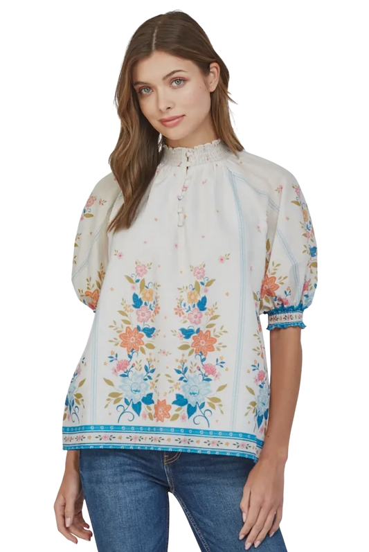 Border Print Smocked Neck Blouse