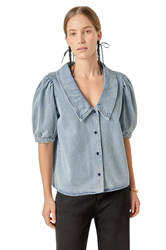V-Neck Denim Button Up Shirt