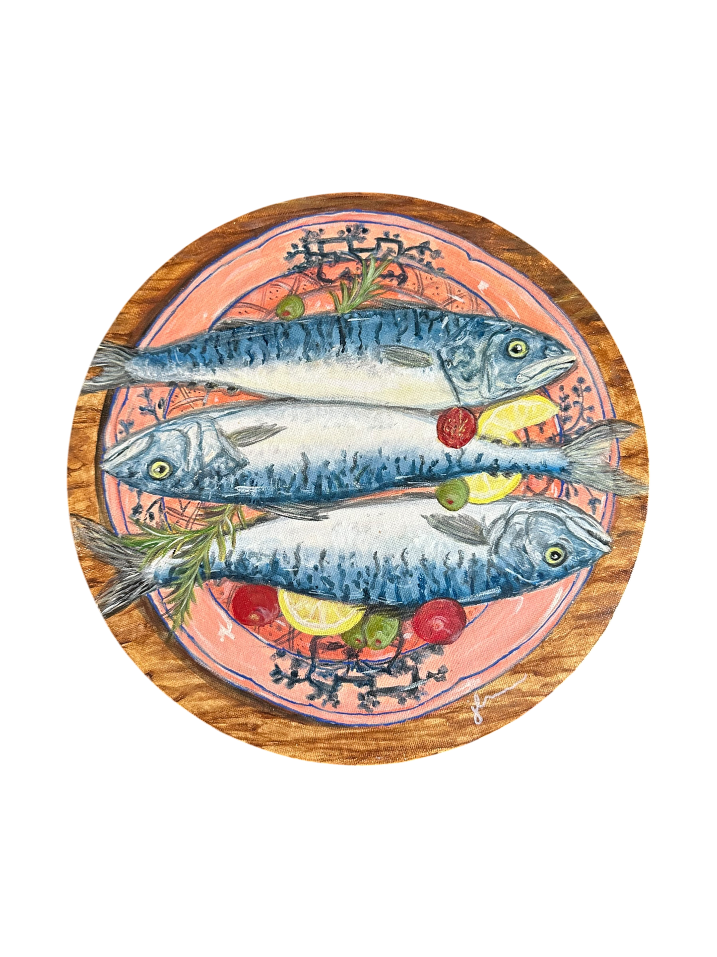 Jenn Leverett Art - Plated Sardines on Round Canvas