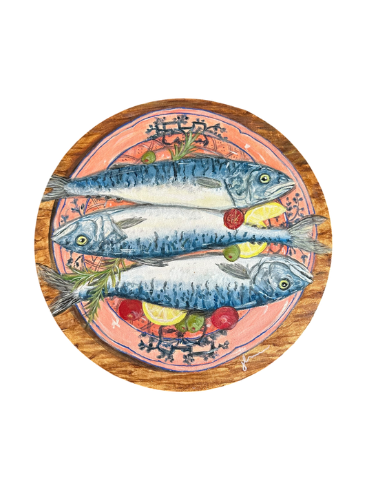 Jenn Leverett Art - Plated Sardines on Round Canvas