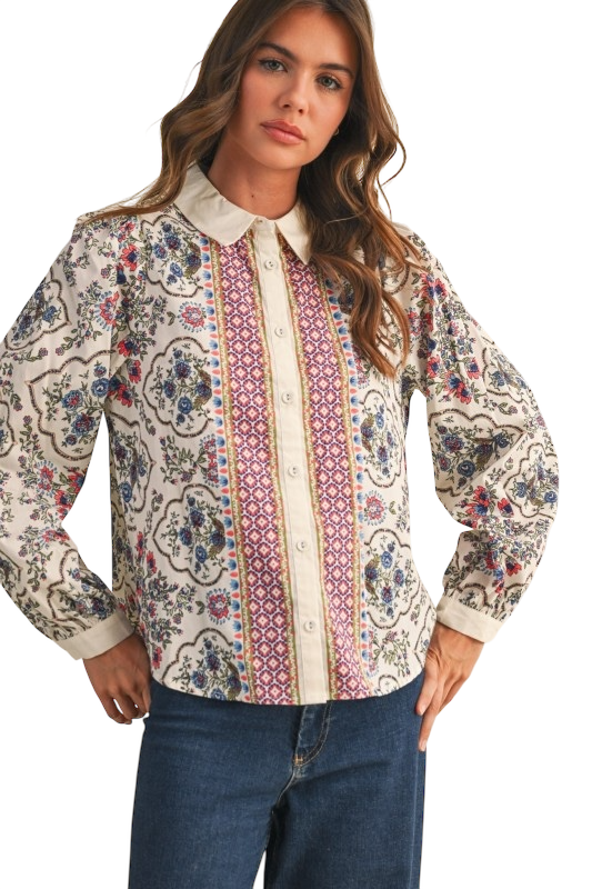 Border Print Button Down Top