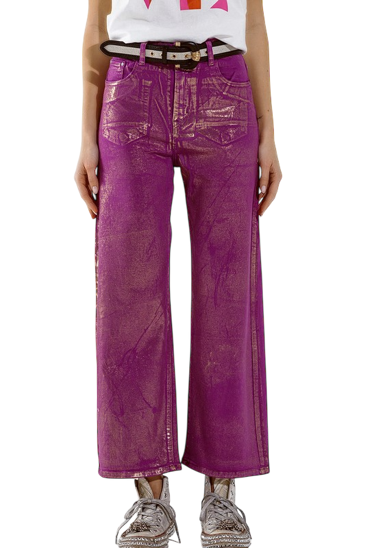 Magenta Wide Leg Jeans W/ Metallic Finish